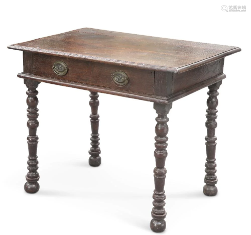 A 17TH CENTURY AND LATER OAK SIDE TABLE, the moulded rectang...