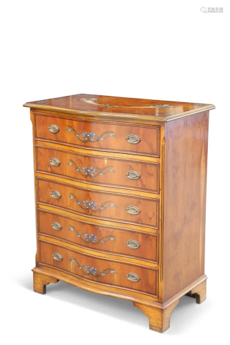 A GEORGIAN-STYLE PAINTED YEW WOOD CHEST OF DRAWERS, serpenti...