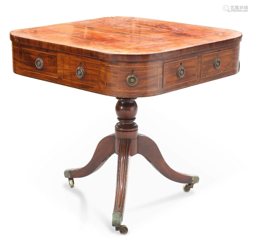 A GEORGIAN MAHOGANY DRUM TABLE, the rounded square top conta...