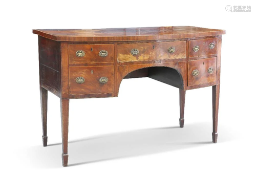 A GEORGE III MAHOGANY BOW-FRONT SIDEBOARD, the four drawers ...