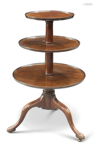 A GEORGE III MAHOGANY DUMB WAITER, with three graduated dish...