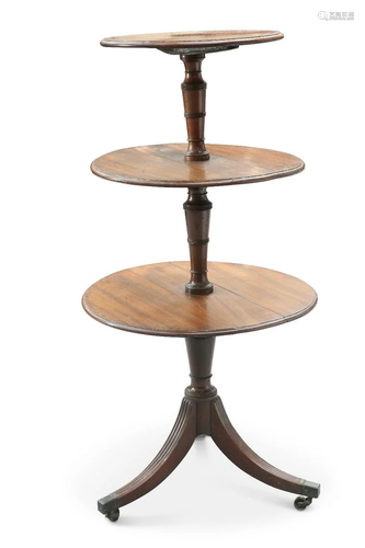 A GEORGE III MAHOGANY DROP LEAF THREE-TIER DUMB WAITER, with...