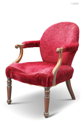 A REGENCY MAHOGANY AND UPHOLSTERED LIBRARY CHAIR, with scrol...