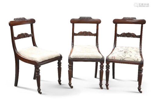 A SET OF THREE REGENCY ROSEWOOD SIDE CHAIRS, each with acant...