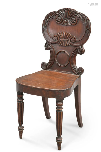 A WILLIAM IV MAHOGANY HALL CHAIR, the cartouche-shaped back ...