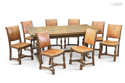 A PERIOD-STYLE OAK REFECTORY DINING TABLE AND EIGHT CHAIRS, ...