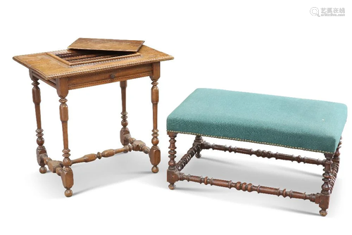 A 19TH CENTURY WALNUT AND UPHOLSTERED STOOL, with rectangula...