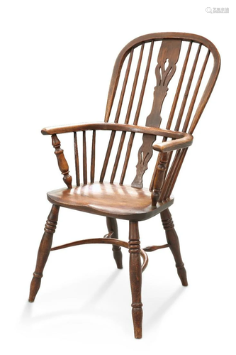 A 19TH CENTURY ELM AND OAK WINDSOR CHAIR, with high-back and...