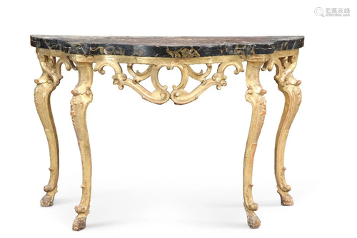 A 19TH CENTURY GILTWOOD AND FAUX MARBLE CONSOLE TABLE, the s...