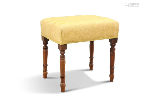 A 19TH CENTURY MAHOGANY AND UPHOLSTERED STOOL, with ring-tur...