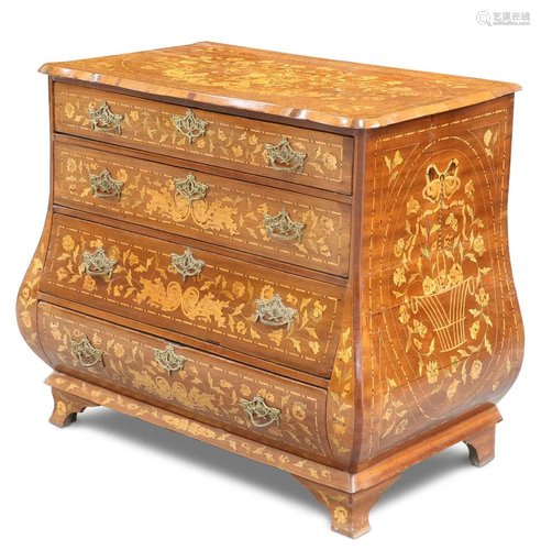 A DUTCH FLORAL MARQUETRY COMMODE, 19TH CENTURY, of bombe for...