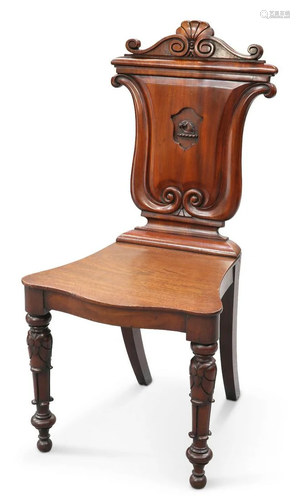 A MID-19TH CENTURY MAHOGANY HALL CHAIR, the U-shaped back ca...