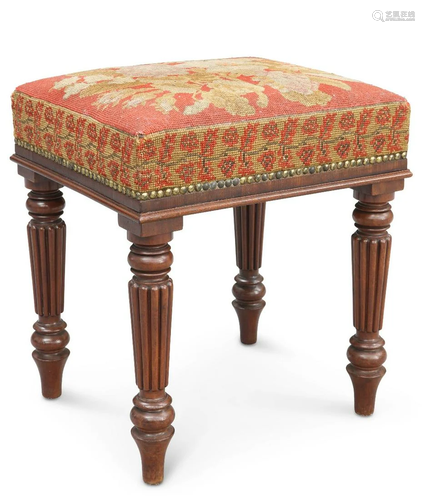 AN EARLY VICTORIAN MAHOGANY AND NEEDLEWORK STOOL, rectangula...