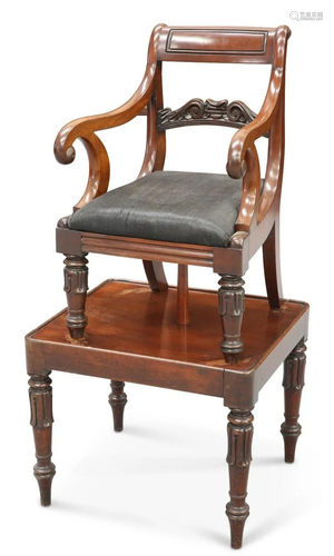 AN EARLY VICTORIAN MAHOGANY CHILD'S CHAIR ON STAND, wit...