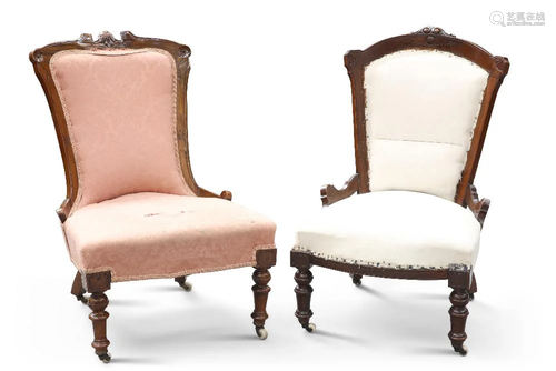 TWO VICTORIAN COUNTRY HOUSE CHAIRS, each upholstered and rai...