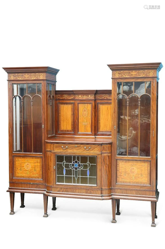 A FINE EDWARDIAN INLAID MAHOGANY AND SATINWOOD VITRINE, SIGN...