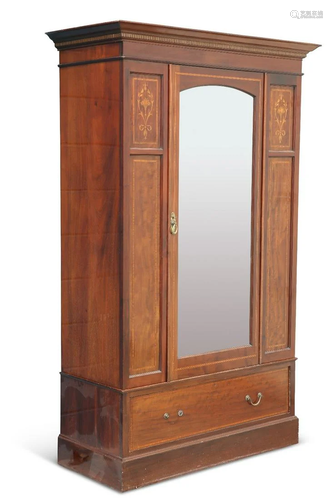 AN EDWARDIAN INLAID MAHOGANY WARDROBE, with mirror door and ...