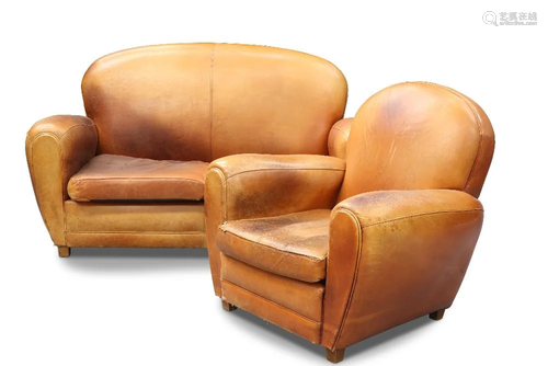 AN ART DECO-STYLE TAN LEATHER LOUNGE SUITE, comprising two-s...