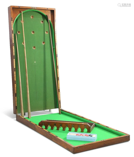 A FOLDING TABLE-TOP BAR BILLIARDS BOARD, baize lined, with b...