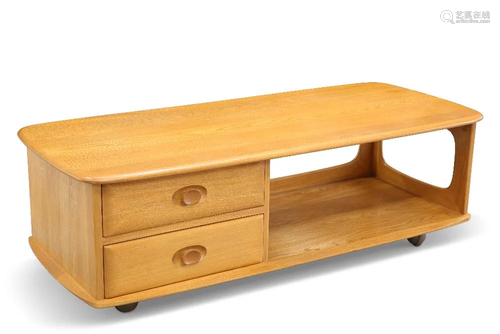 AN ERCOL 'MINERVA' LIGHT ELM TV STAND, shaped rect...