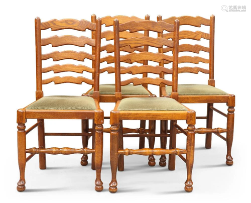 A SET OF FOUR CRYER CRAFT ELM LADDER-BACK DINING CHAIRS, rai...