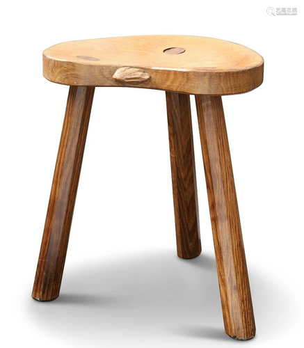 PETER HEAP, A RABBITMAN OAK CALF STOOL, on three splayed oct...