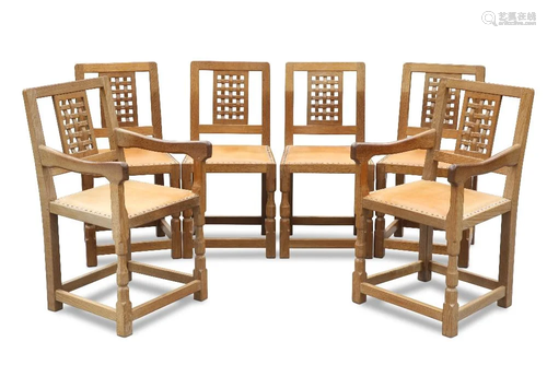 SID POLLARD, A SET OF SIX OAK LATTICE BACK DINING CHAIRS, LA...