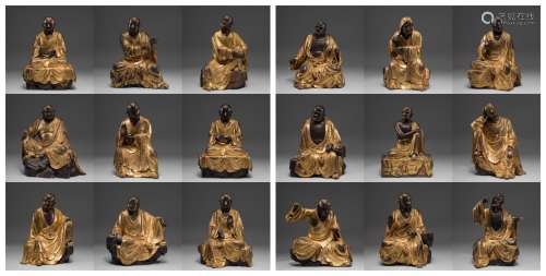 Chinese Qing Dynasty bronze gilt 18 arhats