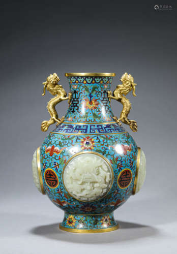 Bronze Cloisonne Enamel Jade Inlaid Dragon-Eared Vase