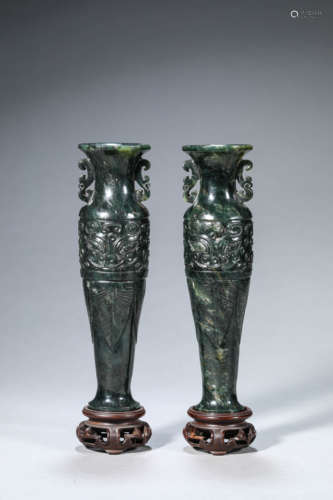 A Pair Of Spinach-Green Jade Taotie Vases