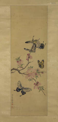 Chinese Butterfly Flower Painting, Hanging Scroll, Pu Ru Mar...