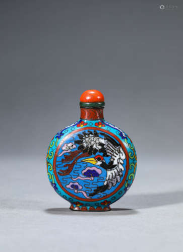 Bronze Cloisonne Enamel Pine And Crane Snuff Bottle