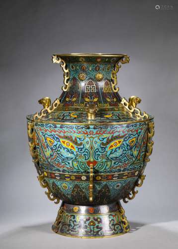 Bronze Cloisonne Enamel Taotie Three-Ram Zun Vessel