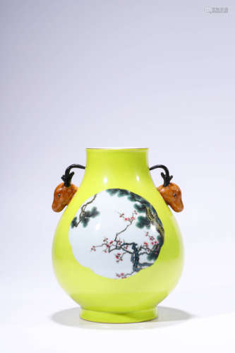 Yellow Glaze Famille Rose Panel Magpie Vase