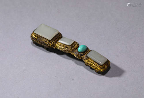 Gilt Bronze White Jade Belt Buckle