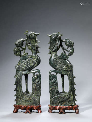 A Pair Of Spinach-Green Jade Phoenix Ornaments