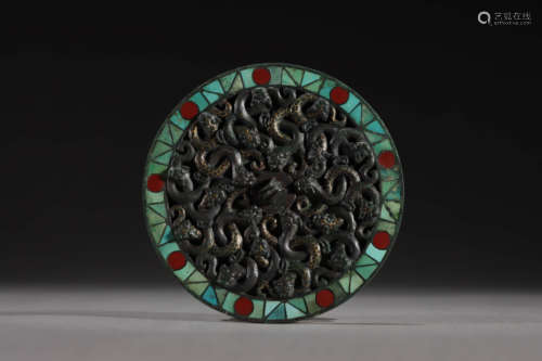 Bronze Inlaying Gold And Turquoise Mirror