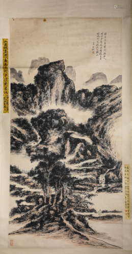 Chinese Landscape Figure Painting, Hanging Scroll, Huang Bin...