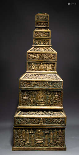 Chinese Liao Bronze gilding Buddha box