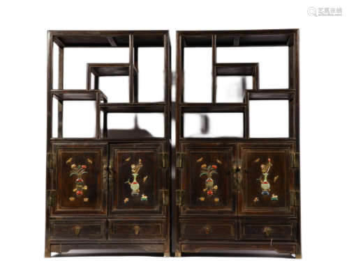 Qing Dynasty red sandalwood treasure pavilion pair