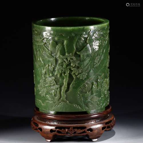 Chinese Qing Dynasty Hetian jade jade landscape figures pen ...