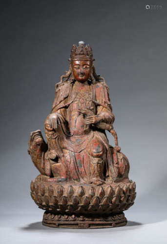 Bronze Gold-Painted Lion-Mounted Guanyin