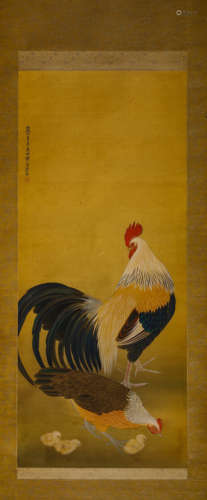 Chinese Rooster Painting, Hanging Scroll, Liu Kuiling Mark