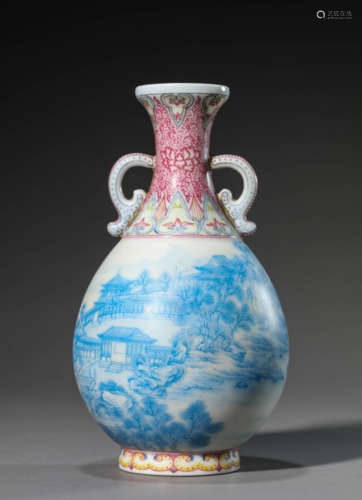 Falangcai Landscape Figure Double-Eared Vase