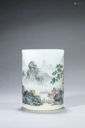 Glass Falang Inscribed Landscape Figure Brush Pot