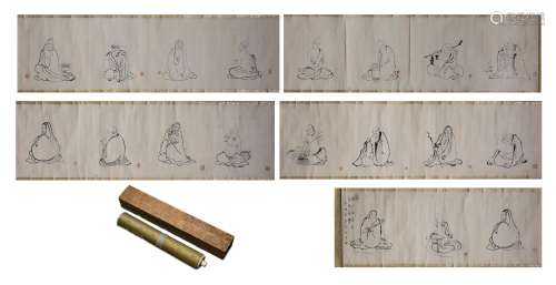 Chinese Eighteen Arhats Painting, Hand Scroll, Hongyi Mark