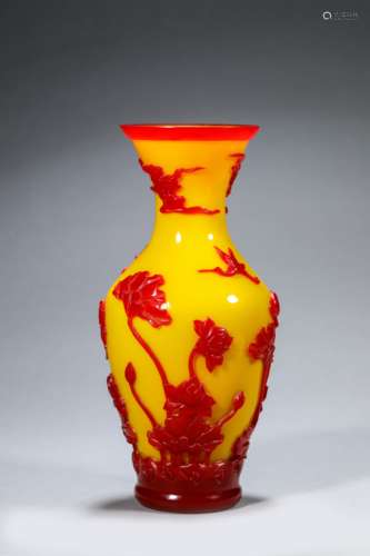 Yellow Ground Red Glass Carved Lotus Pond Vase