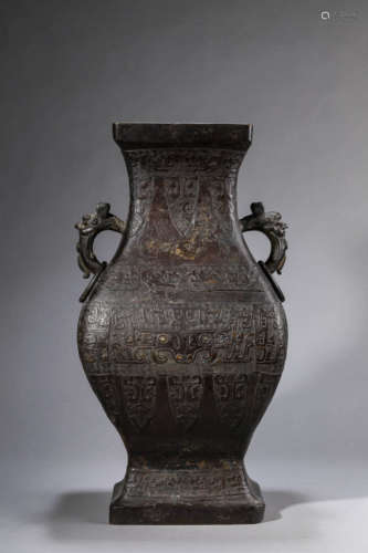 Bronze Taotie Mythical Beast-Eared Square Vase