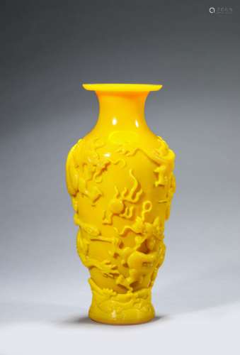 Yellow Glass Carved Waves Dragon Vase