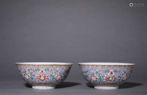 A Pair Of Blue Ground Floral Bowls